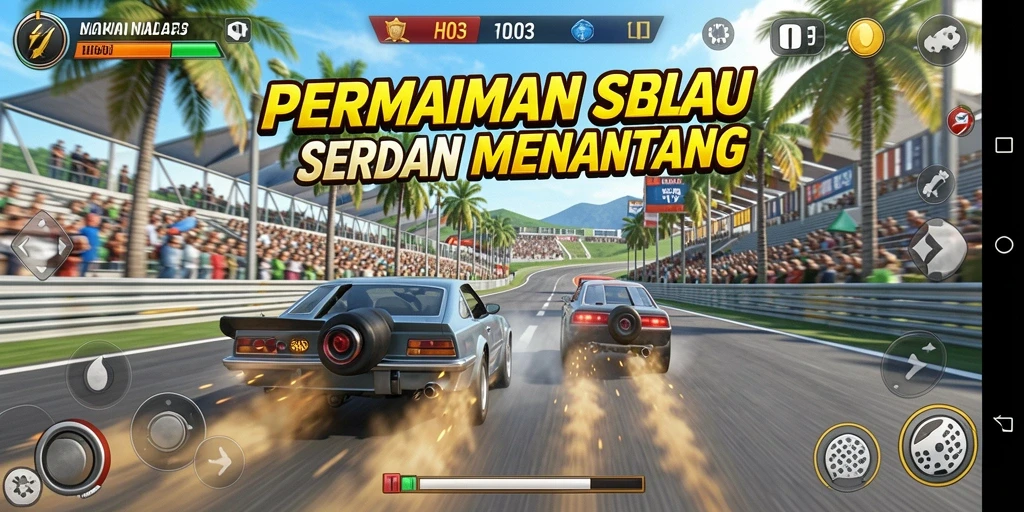 Gameplay H03 menampilkan balapan seru di berbagai lintasan yang menantang.
