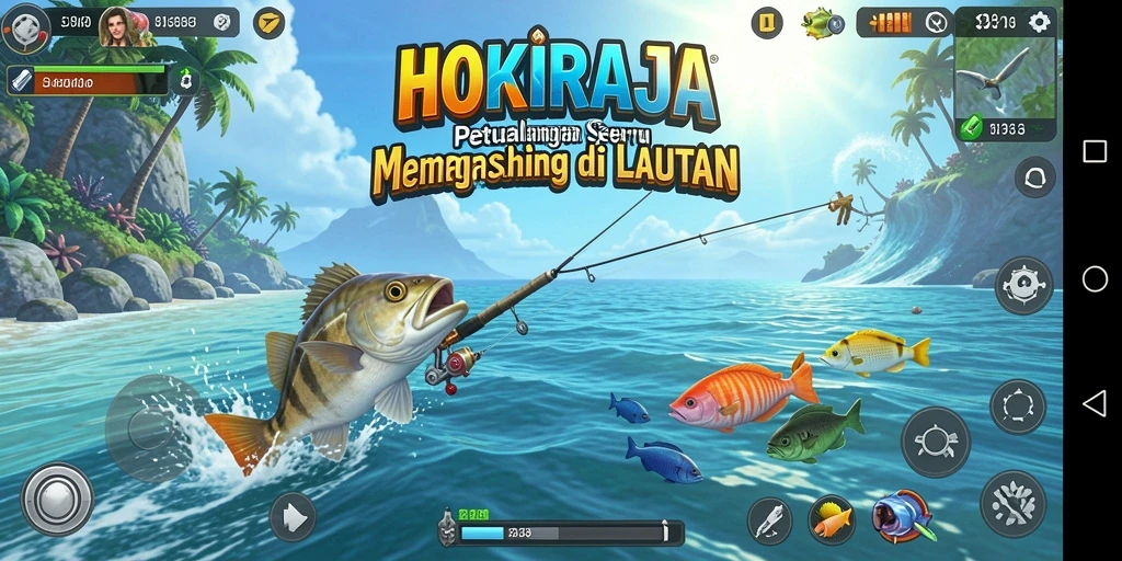 Screenshot gameplay HOKIRAJA dengan memancing di laut biru.