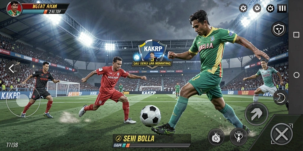 Tampilan gameplay KAKRP saat pertandingan sepak bola berlangsung.