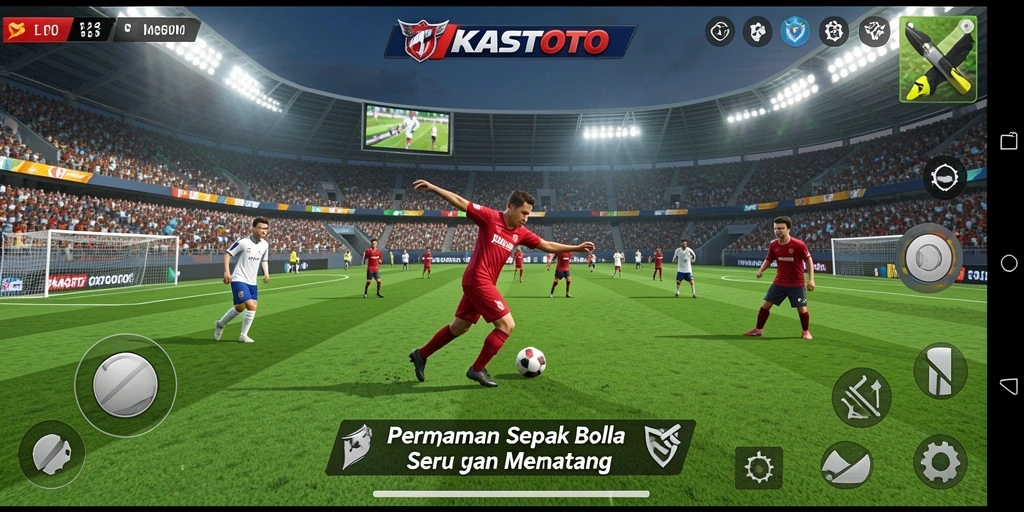 Tampilan gameplay menarik dari KASTOTO menampilkan aksi seru dalam sepak bola.