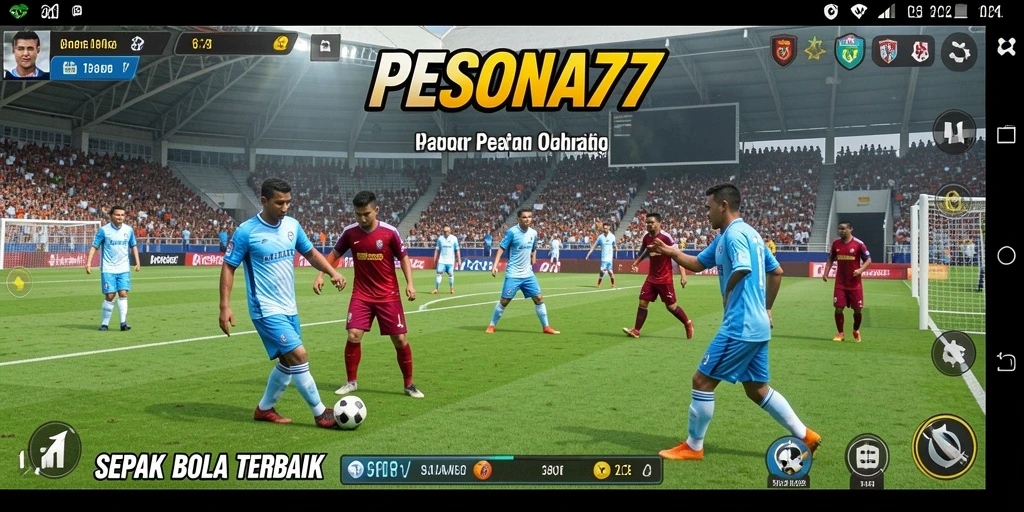 Screenshot utama PESONA77 menampilkan aksi menyerang di lapangan sepak bola.