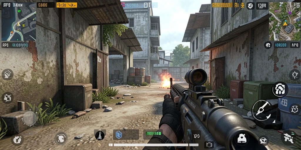 Tampilan gameplay menembak yang intens di RP8.